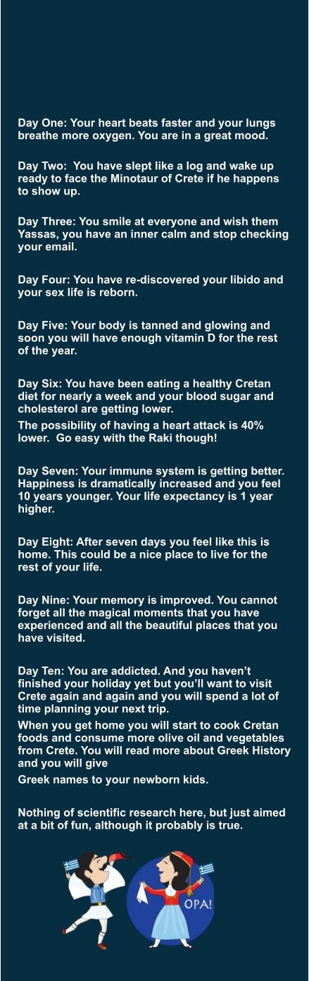 Day One: Your heart beats faster and your lungs breathe more oxygen. You are in a great mood.  Day Two:  You have slept like a log and wake up ready to face the Minotaur of Crete if he happens to show up.  Day Three: You smile at everyone and wish them Yassas, you have an inner calm and stop checking your email.  Day Four: You have re-discovered your libido and your sex life is reborn.   Day Five: Your body is tanned and glowing and soon you will have enough vitamin D for the rest of the year.   Day Six: You have been eating a healthy Cretan diet for nearly a week and your blood sugar and cholesterol are getting lower.  The possibility of having a heart attack is 40% lower.  Go easy with the Raki though!   Day Seven: Your immune system is getting better. Happiness is dramatically increased and you feel 10 years younger. Your life expectancy is 1 year higher.   Day Eight: After seven days you feel like this is  home. This could be a nice place to live for the rest of your life.   Day Nine: Your memory is improved. You cannot forget all the magical moments that you have experienced and all the beautiful places that you have visited.   Day Ten: You are addicted. And you haven’t finished your holiday yet but you’ll want to visit Crete again and again and you will spend a lot of time planning your next trip.  When you get home you will start to cook Cretan foods and consume more olive oil and vegetables from Crete. You will read more about Greek History and you will give  Greek names to your newborn kids.   Nothing of scientific research here, but just aimed at a bit of fun, although it probably is true.